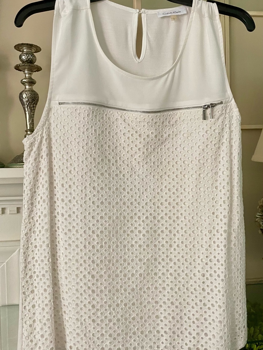 Calvin Klein White Modern Circle Design “Eyelet” w/ Zip-Detail Sleeveless Blouse